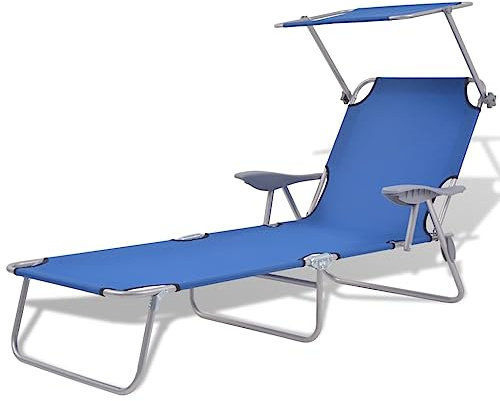 Fisinber Lettino da giardino con tettuccio parasole, pieghevole, regolabile, con braccioli, robusto lettino a tre gambe in acciaio, per giardino, balcone e spiaggia, 58 x 189 x 27 cm, blu