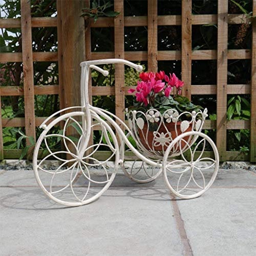 Best Value Here Tricycle Planter Shabby Chic Metal Plant Stand Baskets Cream Bicyle Garden Bike Flower Pot GIFT