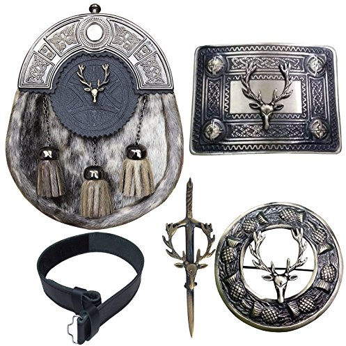 Kiltgürtel mit Schnalle, schottischer Kilt, Sporran mit Abzeichen, Hirschkopf/Kiltnadel/Fliegenkariert, Brosche, 5-teiliges Set Gr. 80, mehrfarbig