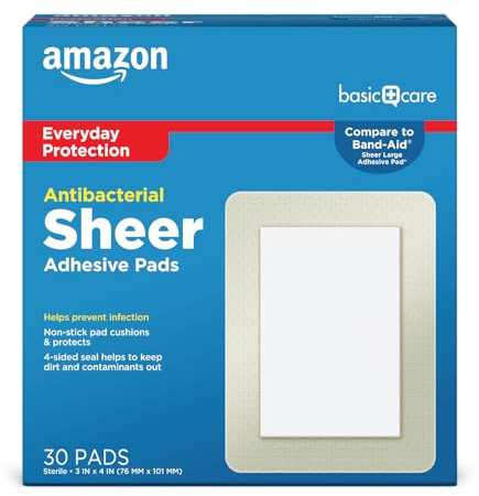 Amazon Basic Care Sheer Adhesive Pad Bandages for Minor Cuts, Scrapes and Wounds, Extra Large 3 x 4 in, Non-Stick Pad, 30 Count
