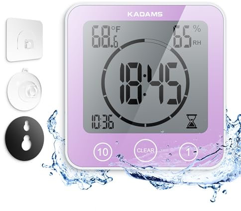 KADAMS Digital Bathroom Shower Kitchen Clock Timer with Alarm Waterproof for Water Splashes Visual Countdown Timer Time Management Tool Indoor Temperature Humidity- Purple