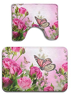 Badematten-Set, 2-teilig, rutschfest, WC-Vorleger und WC-Vorleger, rosa Blumen, Schmetterlinge, Zen-Floral