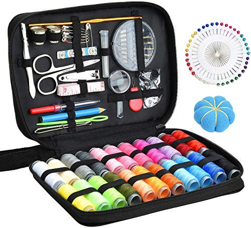 Sewing KIT 126 Pcs DIY Sewing Supplies with 22-Color Threads & Needles, Portable Mini Sewing kit for Beginner, Traveller and Emergency Clothing Fixes, with Premium Black Carrying Case