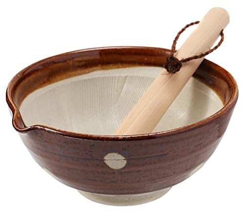 TIKUSAN Japanese Ceramic Ripple Ridge Mortar & Pestle Suribachi Bowl and Surikogi Set with Spout 7.1 inches Made in Japan (Brown)