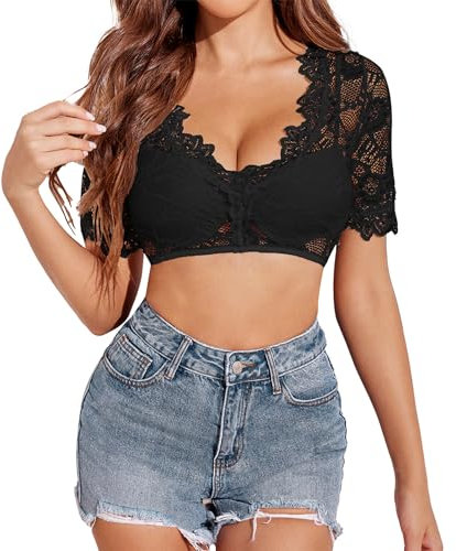 Parabler Dirndl Bluse Schwarz Damen Spitze Dirndlbluse Halbarm V-Ausschnitt Trachtenbluse Elegant Kurzarm Dirndlblusen Oktoberfest Kostüm Schwarz L