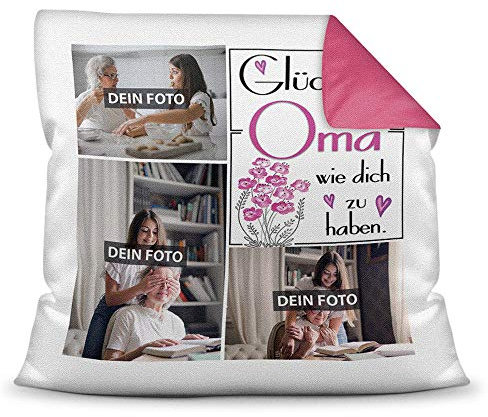 Print Royal Foto-Kissen inkl. Füllung zum Selbstgestalten - für Oma - mit eigener Collage und Spruch - Bestes Fotogeschenk/Geburtstagsgeschenk - Farbkissen Rückseite Pink