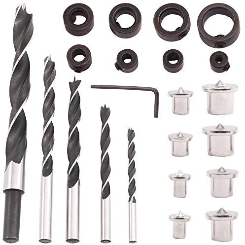 Swpeet Lot de 23 pièces de 3 mm à 16 mm - Chevilles et centre à tenon avec jeu de forets à pointe brad, 8 goupilles centrales et 8 butées de perçage, parfait pour les perceuses de diamètre.