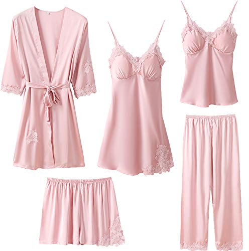 Superora Ensemble De Pyjama 5 Pi裥s Femme Robe de Nuit Peignoir V괥ments de Nuit Nightwear Chemise de Nuit Satin Dentelle,S,Rose