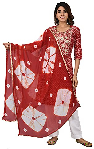 Vrnda Women's Red Bandhej Cotton Kurta Set with Dupatta XL Ethnic Outfit