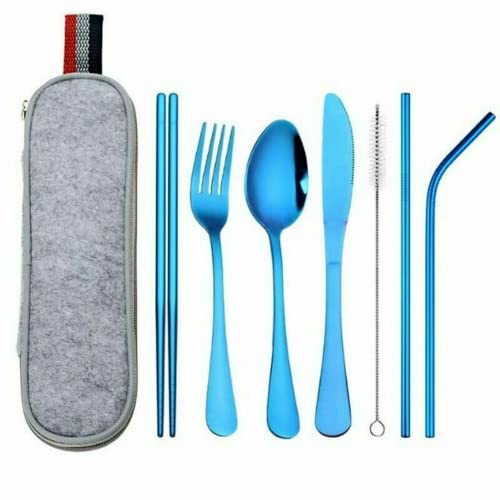 8Pcs Stainless Steel Cutlery Set Portable Spoon Fork Chopsticks Tableware Travel (Blue)
