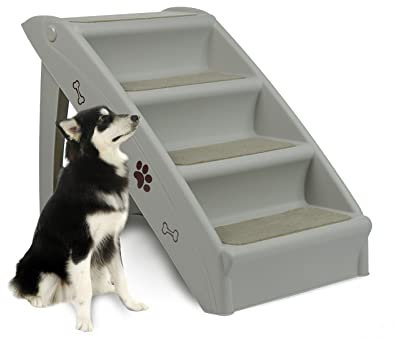LZQ Hundetreppe Katzentreppe für Kleine Hunde Klappbar PP-Kunststoff Haustiertreppe 50cm Hoch mit Rutschfesten Stufen Hunderampe Sofa für Hunde und Katze zum Klettern und Kratzen, Grau