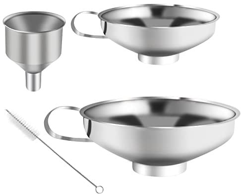4 Stück Trichter Edelstahl Set, Marmeladentrichter, Einmachtrichter aus Edelstahl, Einfülltrichter mit Griff, zum Umfüllen von Gewürzen, Flüssigkeiten, Pulver, Bohnen, Konfitüre (3 Größen, 1 Bürste)