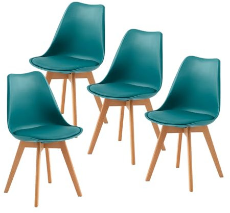 EGGREE Pack 4 Sillas de Comedor Sillas Cocina Nordica con Asiento Tapizado de Cuero PU y Patas de Haya, Turquesa