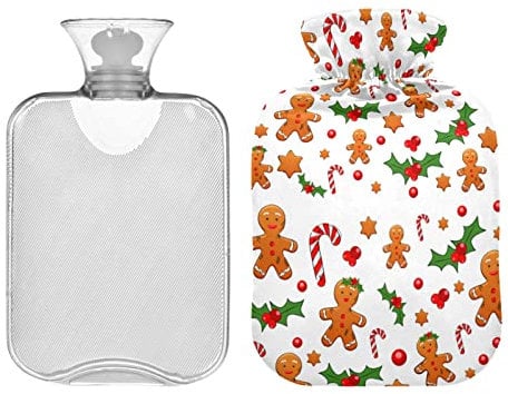 Christmas Gingerbread Man Hot Water Bottle with Cover 1L Transparent Warm Water Bottle Hot Water Bag for Neck and Shoulder Pain Relief Hand Feet Warmer Heat Therapy