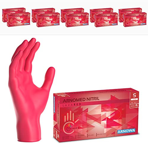 1000 Stück ARNOMED Einweghandschuhe Rot, Einmalhandschuhe S, Nitril Handschuhe Einweg, Nitrilhandschuhe puderfrei, Gummihandschuhe Einweg, Schutzhandschuhe, Handschuhe Nitril in XS, S, M, L, XL