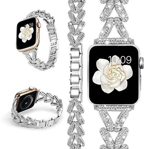 Miimall Bracelet pour Apple Watch 42mm (Series 10) 41mm 40mm 38mm Femme, Bracelet de Remplacement à Longueur Réglable en Zinc Incrusté de Diamants pour iWatch Series 10 9 8 7 6 SE 5 4 3 2 1 (Argenté)