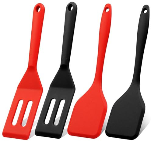4PCS Mini Silicone Brownie Serving Spatula Set Flexible Non stick Serve Turner Heat Resistant Cooking Spatula for Flip Eggs Crepe Steak Pizza Kitchen Utensil (Black, Red)
