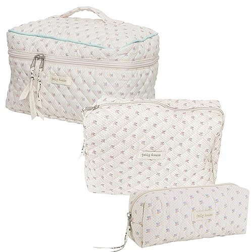 TIAASTAP 3-teiliges Reise Kosmetiktasche Damen Gesteppte Kulturtasche mit Blumenmuster, Kawaii Kulturbeutel Set Groß Kosmetiktasche Aesthetic Make up Bag Beauty Bag Cosmetic Bag für Kinder Mädchen