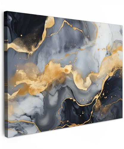 MuchoWow© Impressions sur Toile 80x60 cm Deco Tableau Murale Decoration Salon Peinture Tableaux Chambre Toiles Maison Marbre - Noir et blanc - Or - Abstrait
