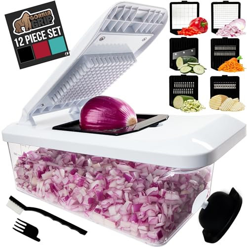 Gorilla Grip Heavy Duty 12-in-1 Vegetable Chopper, 6 Blades, Food Chopper with Container, Onion Chopper, Cucumber Mandoline Slicer, Dice, Slice, Chop Veggies, Home Essential Kitchen Gadgets, Black