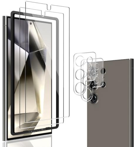 Jewloofa Protector de Pantalla Compatible con Samsung Galaxy S24 Ultra Cristal Templado [2 Piezas] y Protector de Lente cámara [2 Piezas], 9H Dureza, Vidrio Templado para Galaxy S24 Ultra