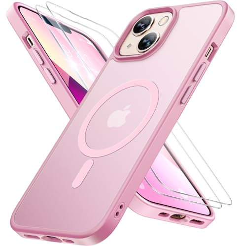 Miracase Magnetisch für iPhone 13 Hülle für Magsafe[mit 2 Schutzglas] Militärschutz Stoßfest Kratzfest Anti-Fingerabdruck Samtige Haptik Dünn Handyhülle für iPhone 13 6,1 Zoll, Matt-Rosa
