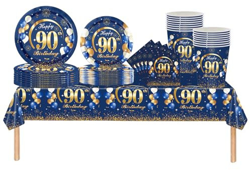 69pcs Navy Blue Gold 90th Birthday Decorations - Happy 90th Birthday Tablecloth, Paper Plates, Napkins, Cups Set for Him, Her