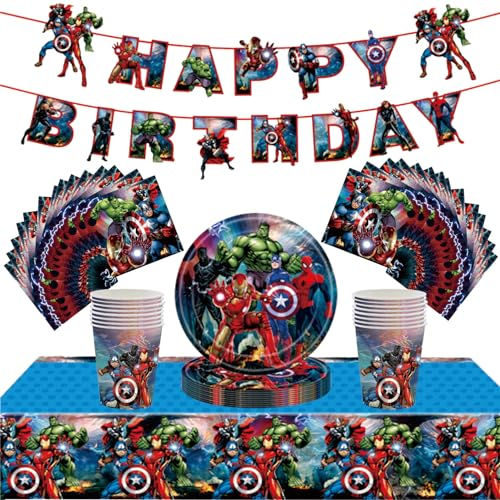 54 decorazioni da tavola per feste di compleanno per ragazzi, supereroi Avengers, tovaglia, piatti di carta da 17,8 cm, striscioni, tovaglioli di carta per feste a tema Avengers, bomboniere