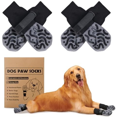 2 Pairs Dog Socks Paws Stop Licking, Anti Slip Dog Socks with Grips Strong Traction, Adjustable Dog Paw Protectors Prevent Scratching for Senior Dogs Hardwood Floors Indoor Walking, Size L
