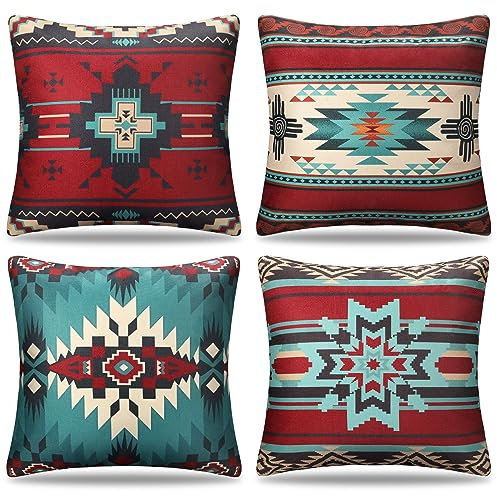 Cheekywares Sofakissen Kissenbezug 50 x 50 cm Ethno Boho Geometrisch Kissenbezüge Leinen Tribal Azteken Retro Kissenhülle Dekokissen Kissenbezug für Sofa Bett Terrasse Balkon Garten 4er Set