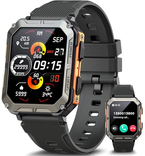 LOYEWAIER Smartwatch Militär Männer LED-Taschenlampe Bluetooth Anruf Sportuhr Blutdruck Fitness Tracker Outdoor IP68 Wasserdicht Silber Edelstahl Smartwatches für Android iOS (A-Black)