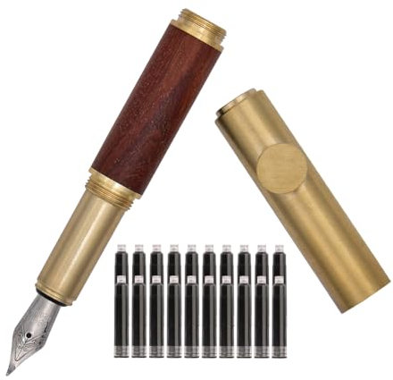 SIPLIV Handcrafted Brass Wooden Fountain Pen Short Mini Pocket Fountain Pen (85mm) with 20 Pcs Black Ink Cartridges - Red Wood, Bent Nib(1.0 MM)