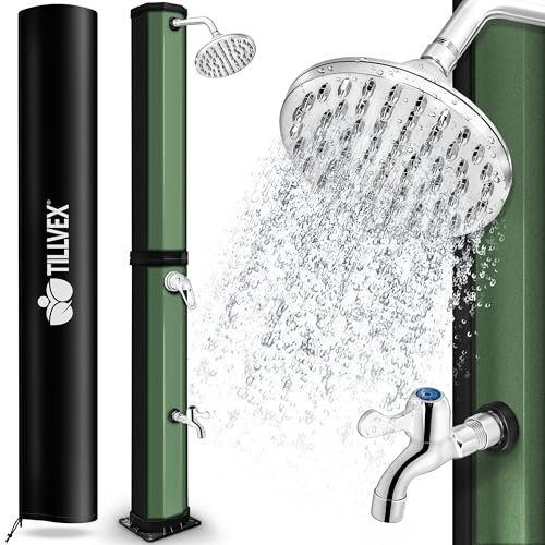 tillvex Solardusche 60 Liter inkl. Abdeckung | Solar Garten-dusche warmes Wasser | Pooldusche Camping | ohne Stromanschluss | mit Wasserhahn | Gartenschlauch-Anschluss