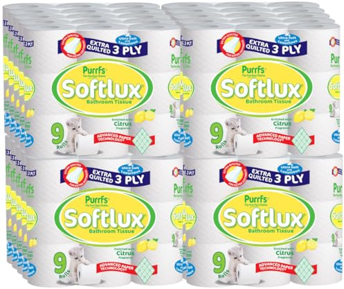 Purrfs Softlux 3ply Luxury Quilted Soft Toilet Rolls 9 Rolls Per Pack (Citrus, 180 Rolls)