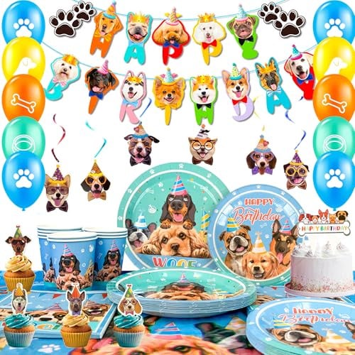 Puppy Dog Party Supplies,159pcs Dog Birthday Decorations&Tableware Set-Puppy Paper Plates Cups Napkins Tablecloth and Dog Birthday Banner Balloons ect Dog Party Decorations