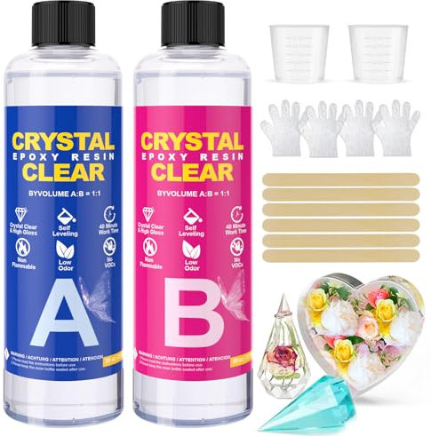 Resina Epossidica Trasparente 474ml/16oz, Kit Completo 1:1 Con Indurente per Creazioni Artistiche, Rivestimento Superfici, Modellismo