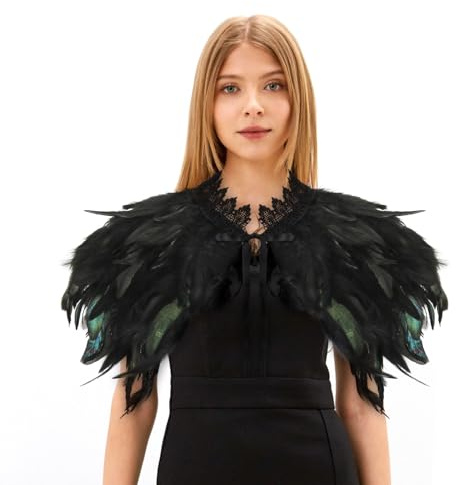 Aurasky Federkragen Schwarz, Gothic Kostüm, Feder Cape, Federschal Umhang, Federumhang Damen, Feder Achselzucken, Raben Kostüm für Halloween Fasching Karneval Cosplay Maskerade