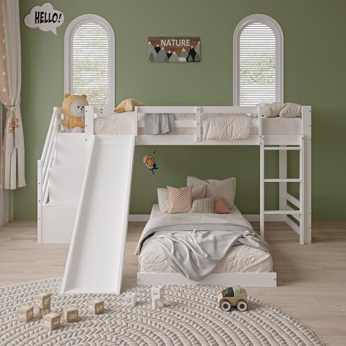 Evaolph Lit superposé 90x200cm, Multifonctionnel lit Mezzanine avec Toboggan et Échelle, Lit 90x200, Bois, Blanc