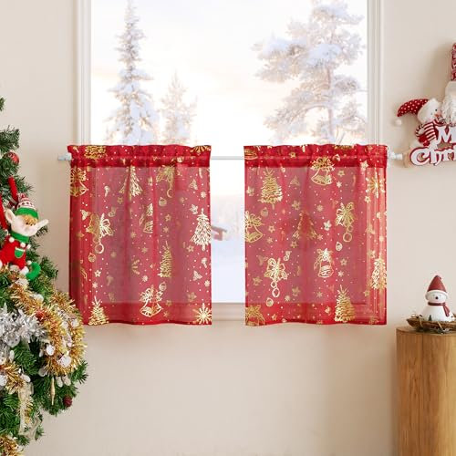 PONY DANCE Lot de 2 Rideaux Cuisine - Rideau Passe Tringle, Voilage Rouge Motifs Festifs Sapin Or, Tissu Transparent Decortaion pour Court Petite Fenetre Chambre, Cuisine, L60 x H45cm