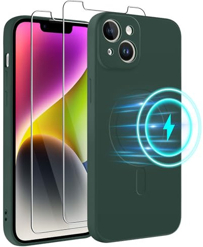 Votvloay Coque Magnétique pour Apple iPhone 14 6,1 avec 2 Verre Trempé, Étui Compatible avec MagSafe, Silicone Liquide Doublure Micrifibre Housse Anti-Rayures Antichoc Case Cover pour iPhone 14, Vert