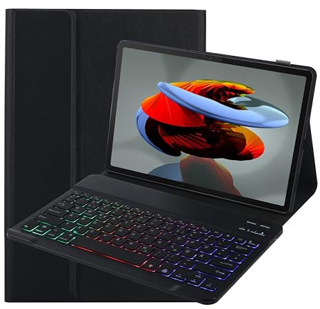 SUEEWE Tastatur Hülle für Xiaomi Redmi Pad Pro 12,1 2024, TPU Rückseite Hülle mit 3 Bereich 7 Farbe Beleuchtete Abnehmbarer QWERTZ Tastatur, Schwarz