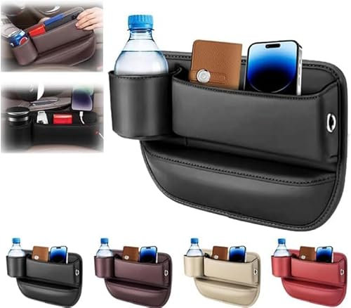 Car Filler Seat Gap Organiser with Cup Holder, Car Gap Storage Box Organizer Side for Front Seat, PU Leather Car Gap Bag Accessories with USB Charge Hole for Storaging Phones (Black, Driver)