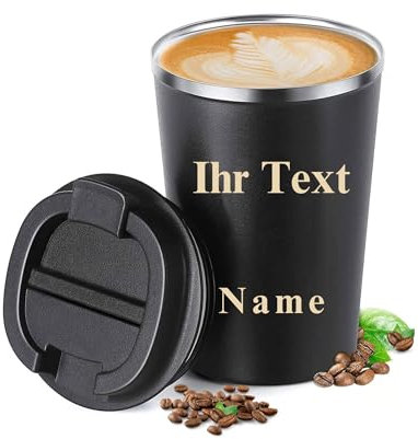 PoStar - Kaffee Thermobecher Personalisiert Kaffeebecher to go Thermo - Thermosbecher Auslaufsicher - Isolierflasche - Isolierbecher mit Ihrem Text und Name - 350 ml - Schwarz