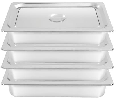 MINRS GN 1/1 Gastronormbehälter Edelstahl, 4 Stück, 50,8 x 30,48 x 10 cm mit Deckel Stapelbar Volumen 9 Liter Kann Aufbewahren von Warmen und Kalten für Wie z.B. Restaurants, Hotels, Buffets, Silber