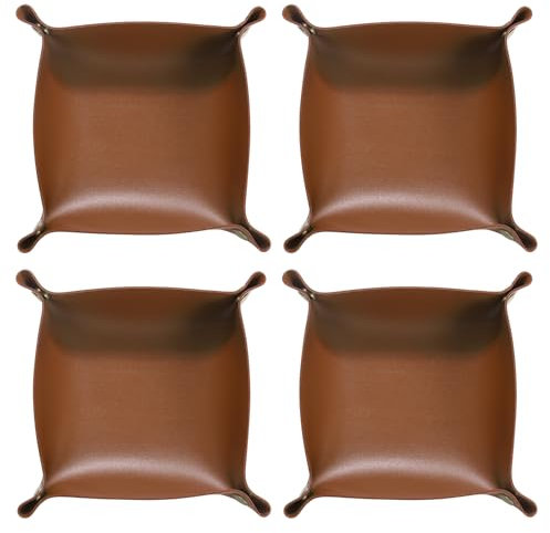 sourcing map 4pcs PU Leather Valet Tray Unisex Folding Small Catchall Tray Portable Entryway Table Tray Nightstand Bedside Desk Tray for Key Wallet Watch Coin Jewelry Dice, Brown