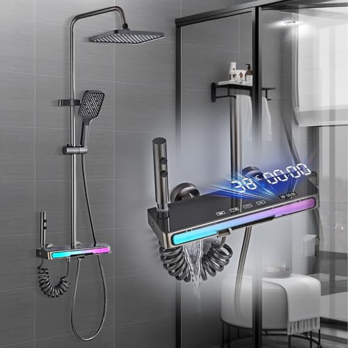 Julymoda Colonna Doccia con Miscelatore Display Digitale LED Luce Stellata Ambientale Kit Doccia Idromassaggio con Soffione e 30cm Prolunga Altezza Regolabile 70-133cm (Grigio titanio)