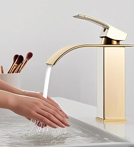 imiiHO 067 Robinet de lavabo en acier inoxydable, ton doré, finition polie, robinet moderne pour lavabo de salle de bain, mitigeur monocommande
