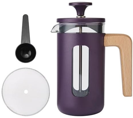 La Cafetière Pisa, Caffettiera francese da 3 tazze, con robusto stantuffo in acciaio inox, resistente al calore, viola, con elegante manico in legno naturale, versatile, per caffè e tè, 350 ml