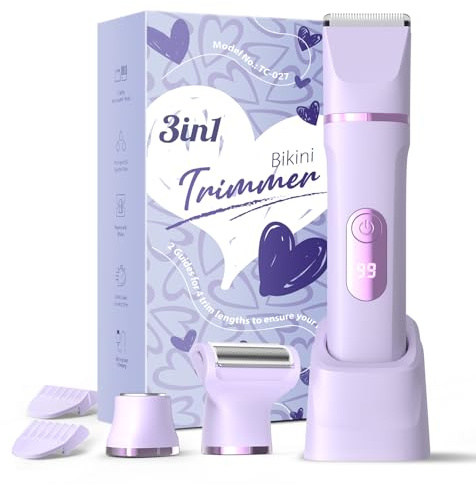 Rasierer Damen, 3-in-1 Intimrasierer für Frauen, für Körper & Intimbereich mit LED-Anzeige, Damenrasierer elektrisch IPX7, Wiederaufladbar mit USB-Ladestation, Trimmer Damen nass & trocken, Violett