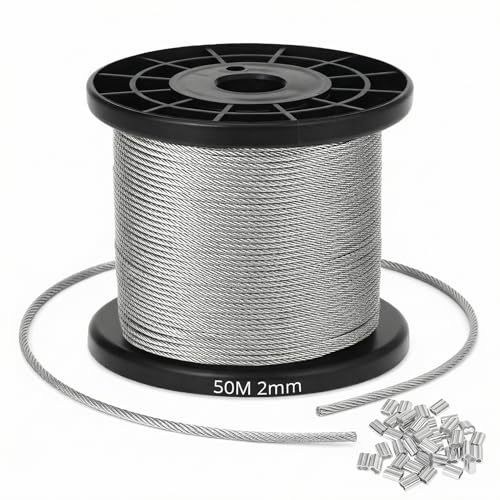 QWORK® Cuerda de acero 2 mm x 50 m, acero inoxidable 304, con 40 abrazaderas de aluminio - construcción 7x7, Capacidad de carga de 50 kg, Fuerza de rotura de 160 kg